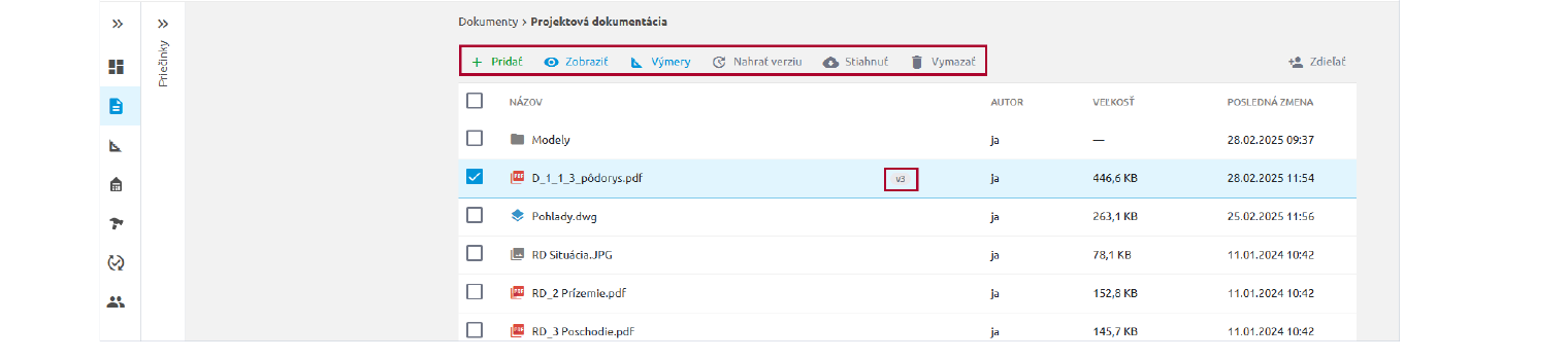 Zoznam dokumentov v aplikácii Dokumentácia s tlačidlami Pridať, Zobraziť, Výmery, Nahrať verziu, Stiahnuť a Vymazať