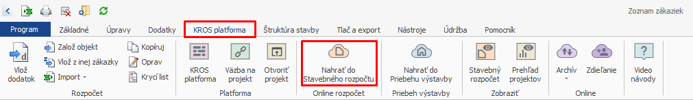 Funkcia Nahrať do Stavebného rozpočtu v programe CENKROS 4