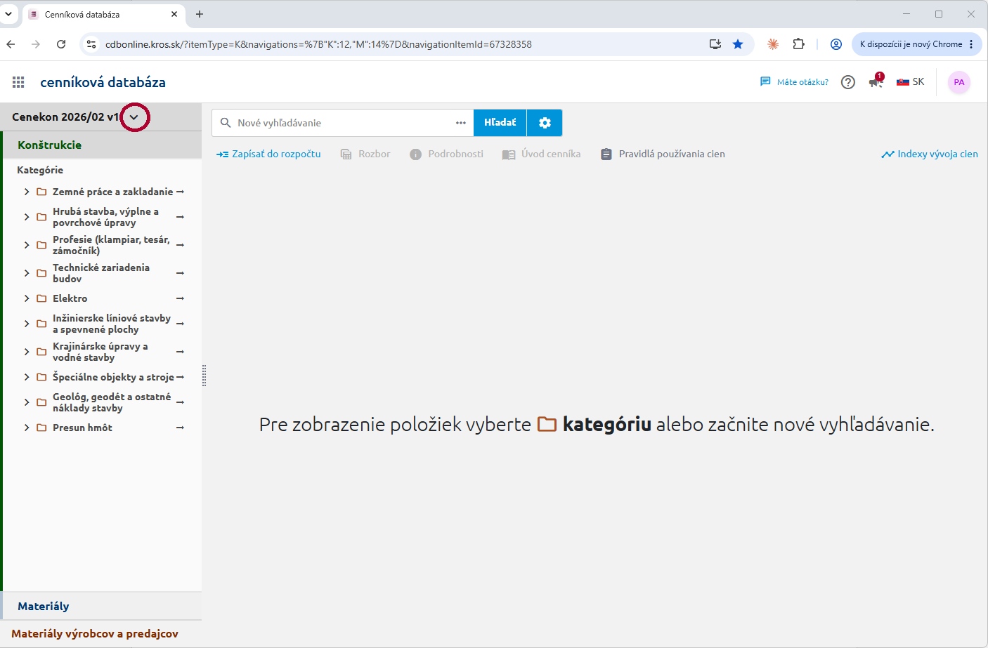 Cenníková databáza s rozbaľovacím zoznamom na výber verzie Cenekonu, v ľavom paneli záložky Konštrukcie a Materiály