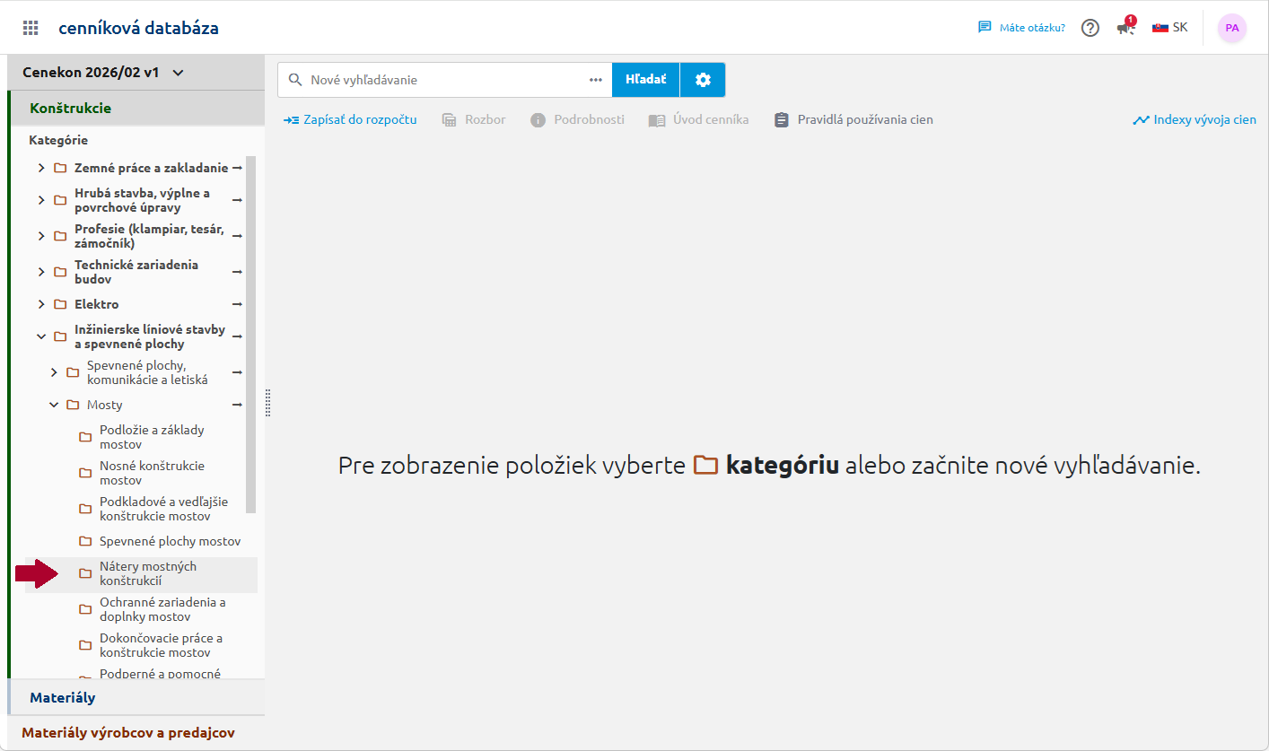 Kategórie v ľavom navigačnom paneli CDB, so šípkou na položku Nátery mostných konštrukcií v strome kategórií