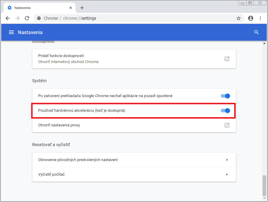 Nastavenie hardvérovej akcelerácie v prehliadači Google Chrome