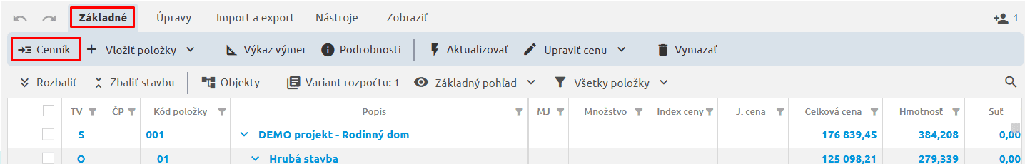 Tlačidlo Cenník na karte Základné
