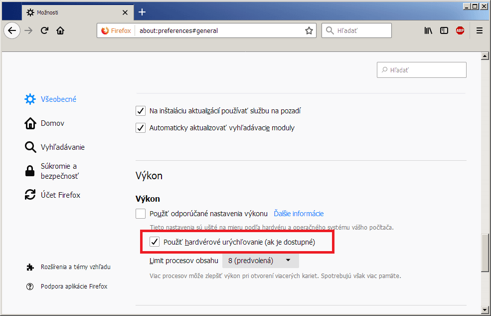 Nastavenie hardvérovej akcelerácie v prehliadači Mozilla Firefox
