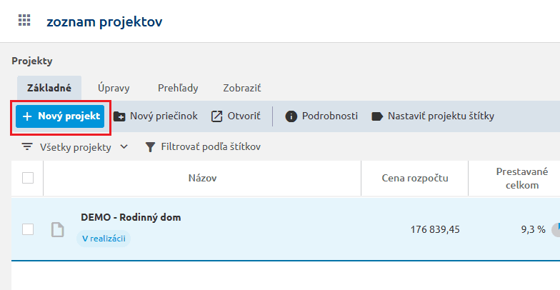 Tlačidlo + Nový projekt v zozname projektov