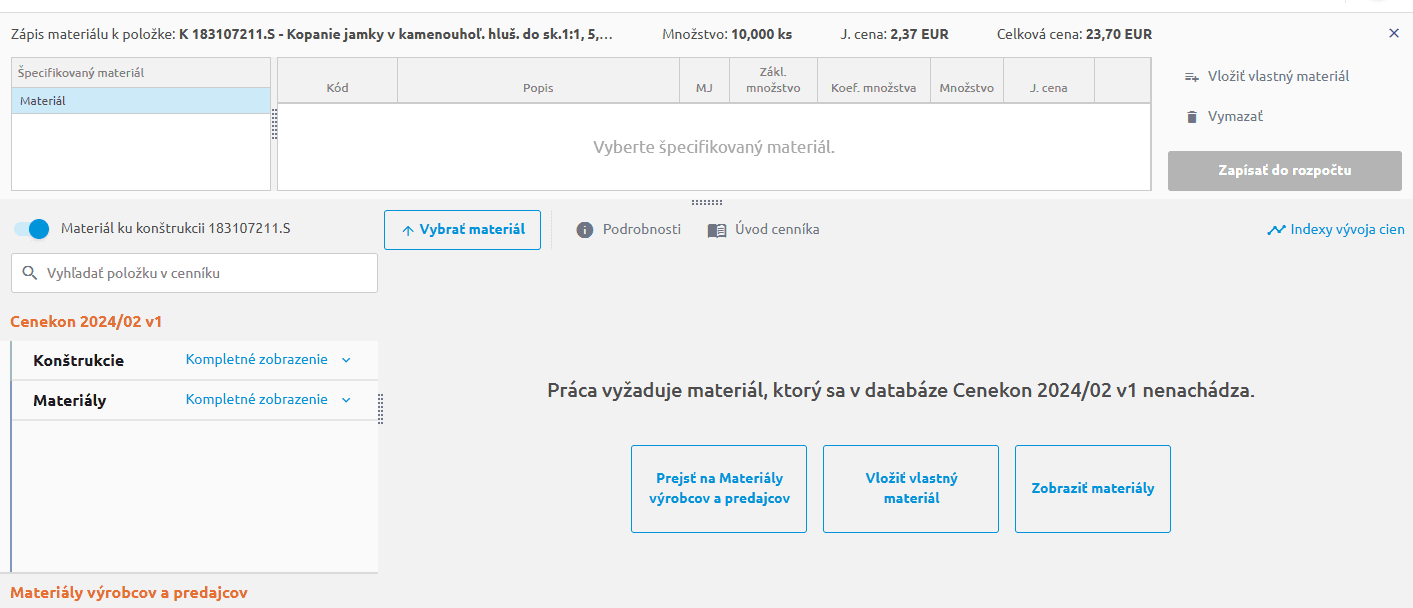 Možnosti dohľadania materiálu v cenníku a databáze výrobcov