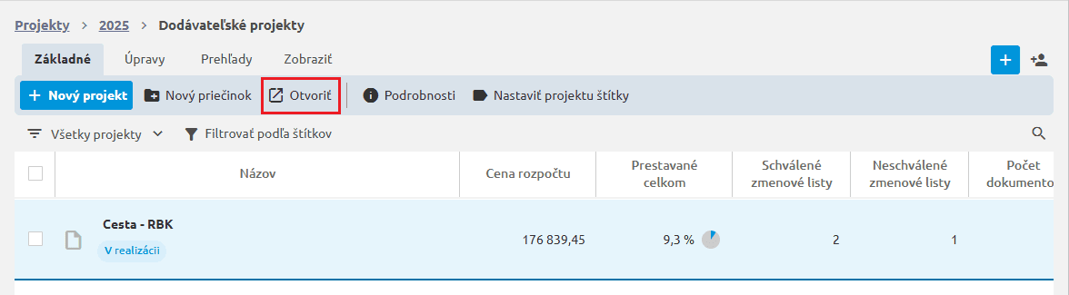 Otvorenie projektu tlačidlom Otvoriť