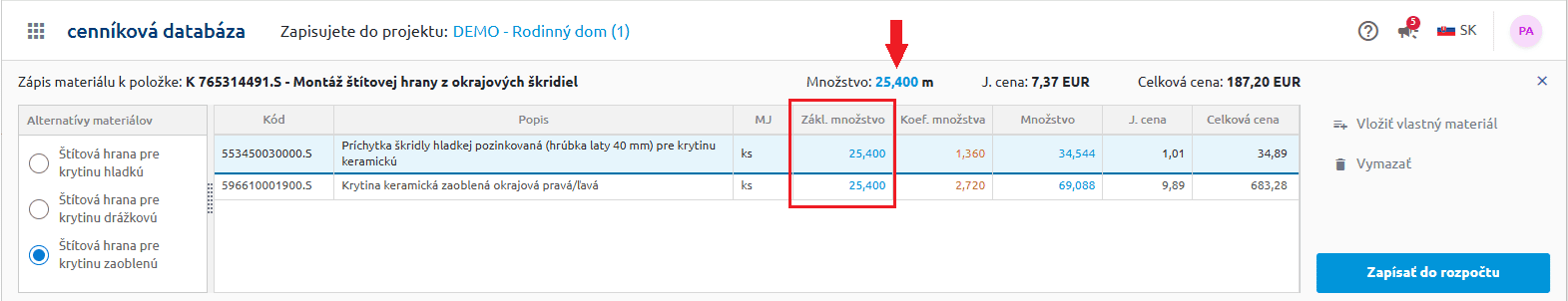 Prevzatie výkazu výmer do naviazaných špecifikácií