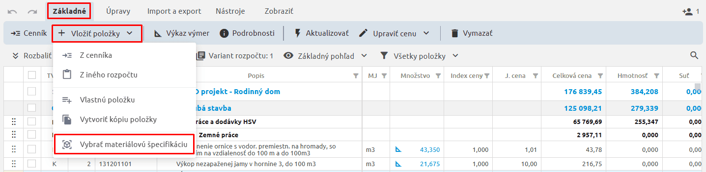 Voľba Vybrať materiálovú špecifikáciu na karte Základné