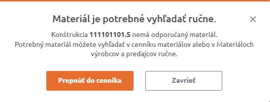 Hlásenie, že zvolená položka nemá materiálovú špecifikáciu