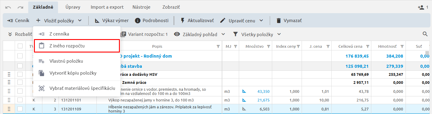 Funkcia Z iného rozpočtu na karte Základné