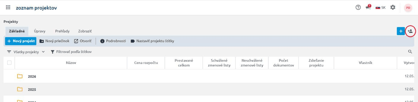 Ikona zdieľania projektu v paneli zoznamu projektov