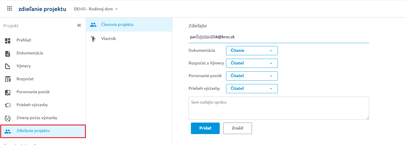 Panel Zdieľanie projektu s nastavením práv pre jednotlivé aplikácie