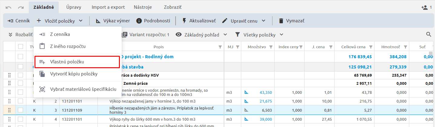 Pridanie novej vlastnej položky do rozpočtu