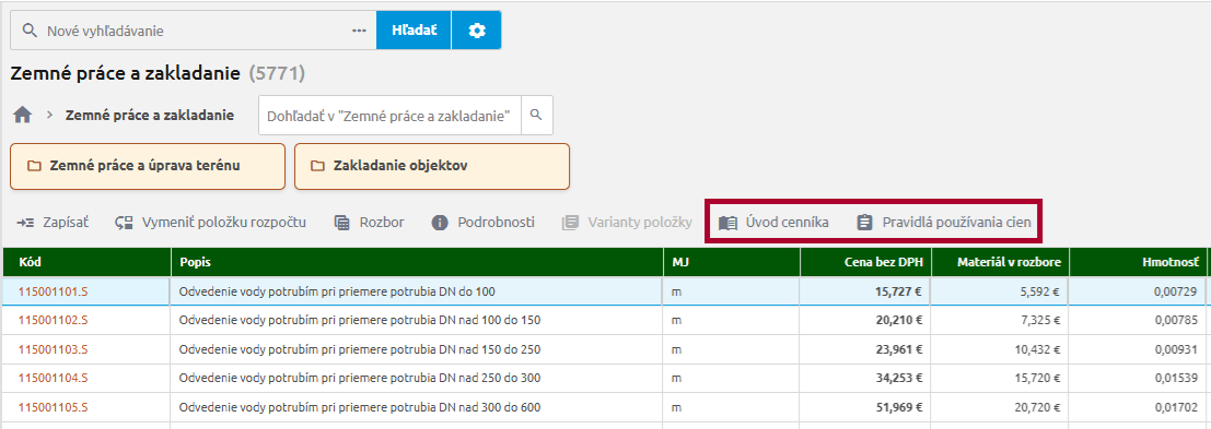 Tlačidlá Úvod cenníka a Pravidlá používania cien v paneli nástrojov Cenníkovej databázy