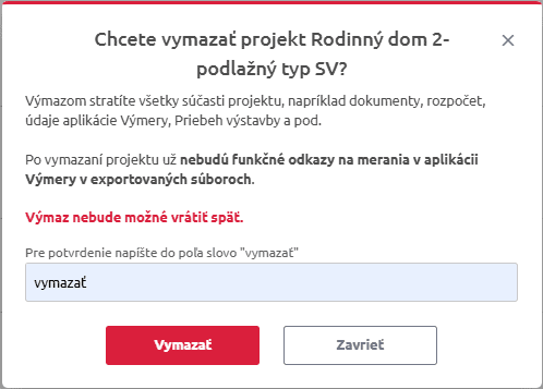 Potvrdenie výmazu projektu