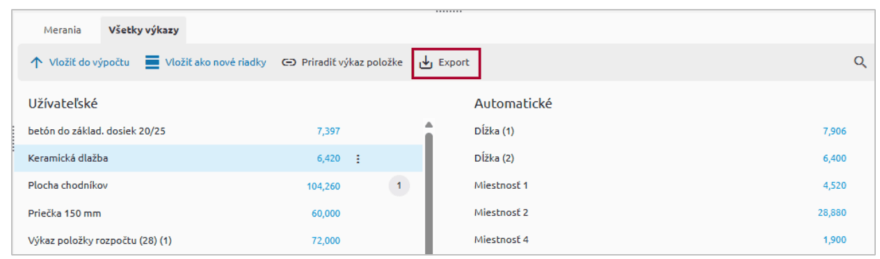 Zoznam výkazov výmer s tlačidlom Export