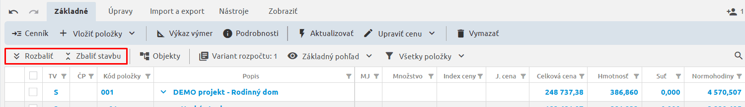 Funkcie Rozbaliť a Zbaliť v paneli nástrojov rozpočtu