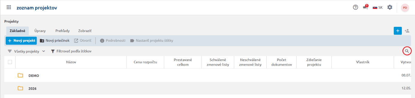 Políčko na vyhľadávanie v zozname projektov