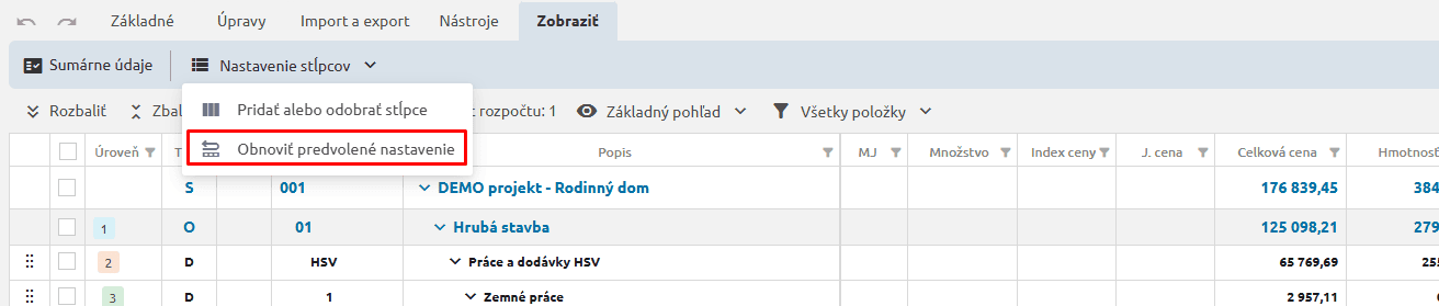 Funkcia Obnoviť predvolené nastavenia stĺpcov