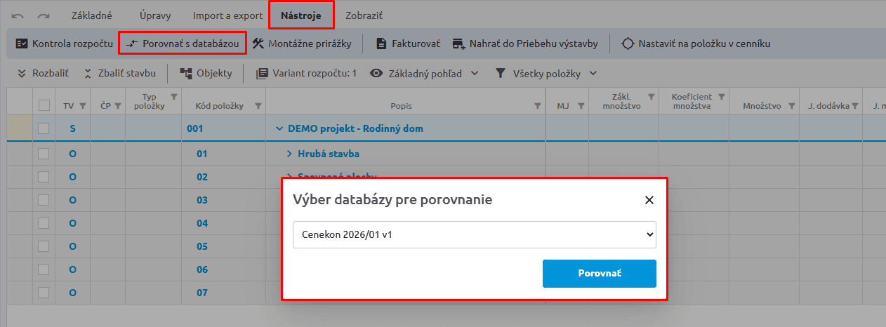 Funkcia Porovnanie rozpočtu s cenníkovou databázou