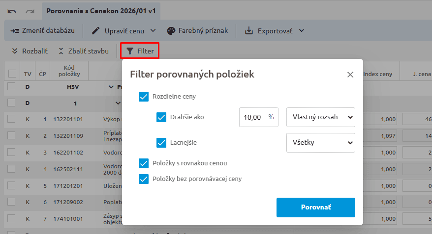 Filtre v okne porovnania rozpočtu s databázou