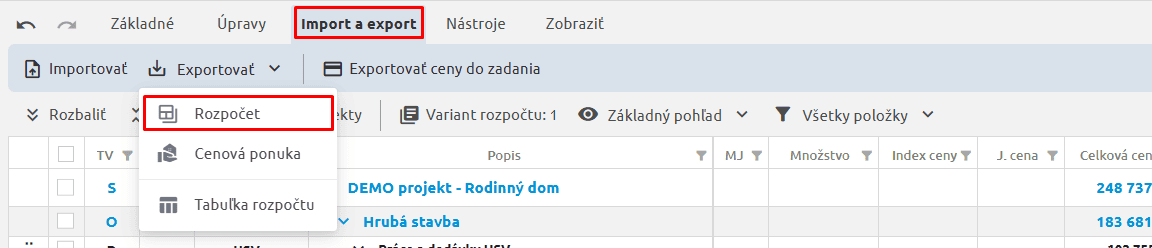 Export rozpočtu na karte Import a export