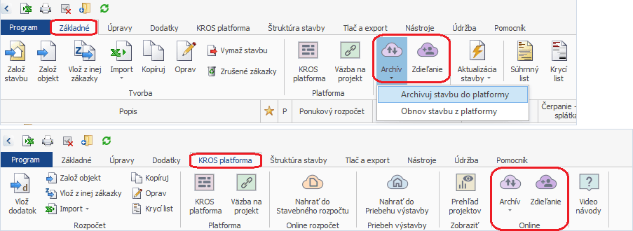 Funkcie Archív a Zdieľanie v programe CENKROS 4