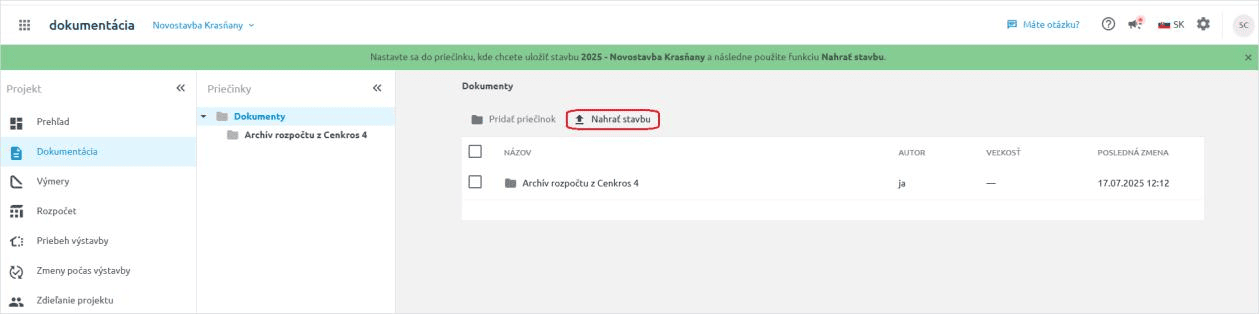 Výber projektu a adresára pri nahratí stavby