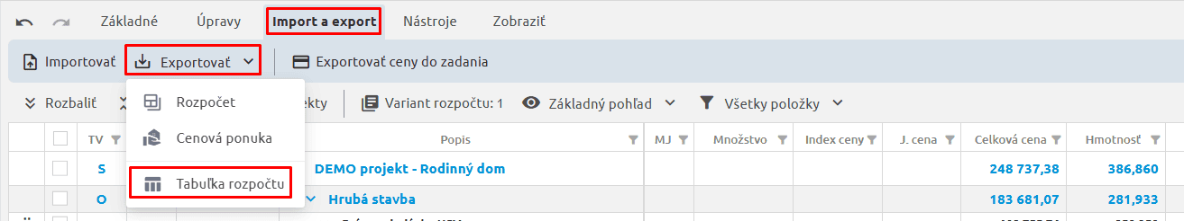 Export tabuľky rozpočtu do Excelu