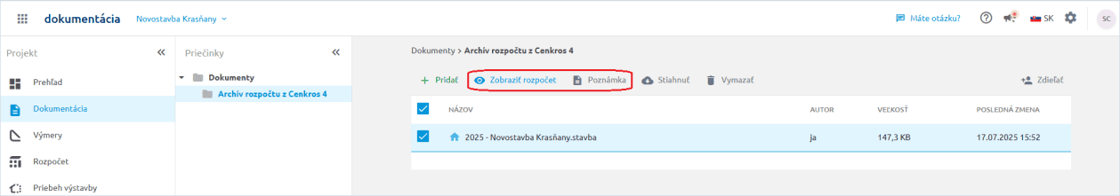 Voľba Zobraziť rozpočet pri súbore .stavba