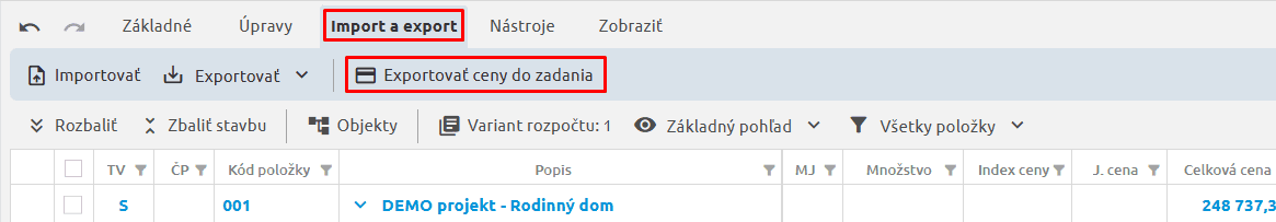 Export cien do zadania