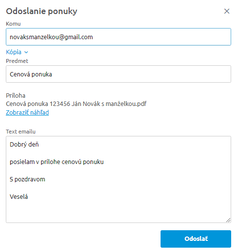Odoslanie cenovej ponuky e-mailom priamo z platformy