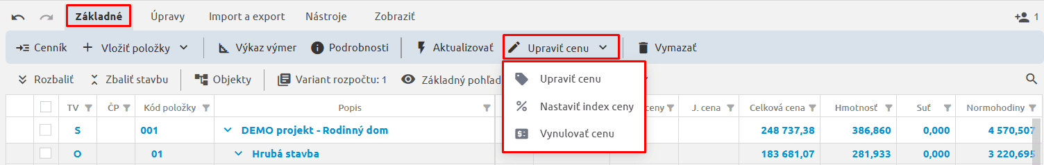 Funkcie na úpravu ceny na karte Základné