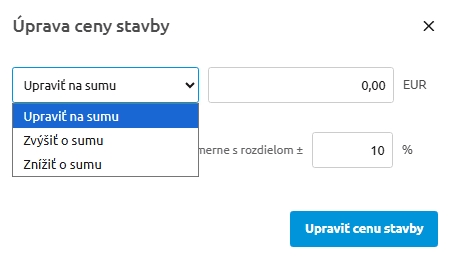 Okno funkcie Upraviť cenu