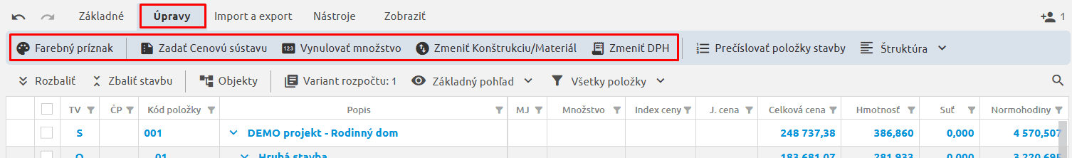 Funkcie na úpravu rozpočtu na karte Úpravy