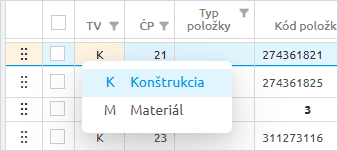 Zmena typu vety kliknutím do stĺpca TV