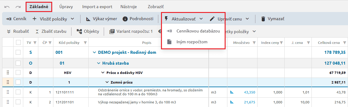 Funkcia Aktualizácia rozpočtu