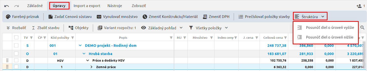 Zmena úrovne dielu na karte Úpravy – Štruktúra