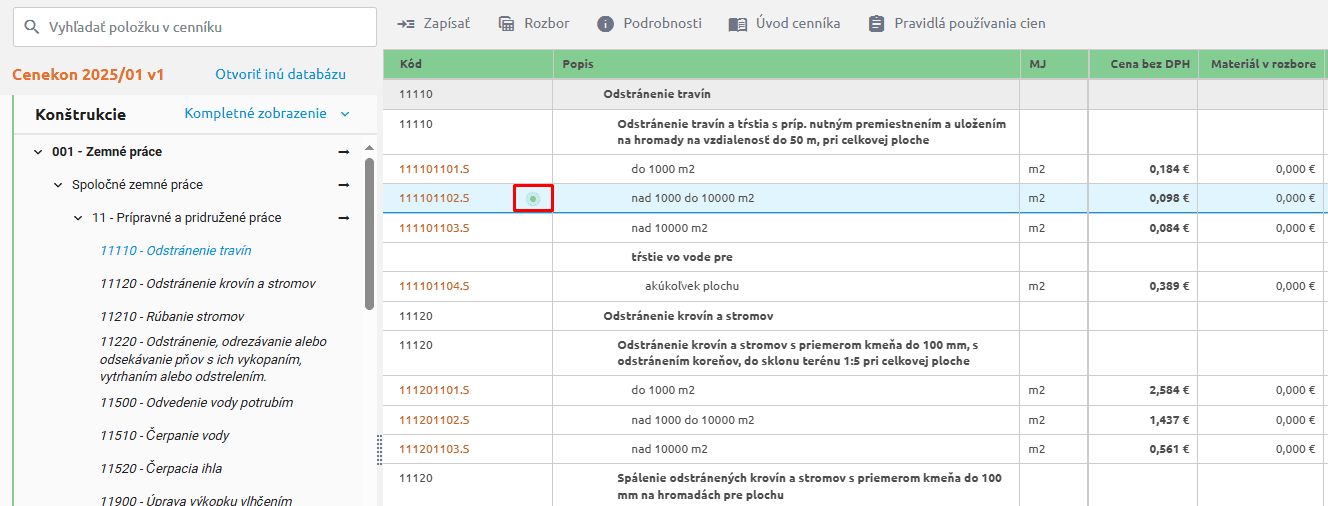 Funkcia Nastaviť na položku v cenníku a signalizácia zhody