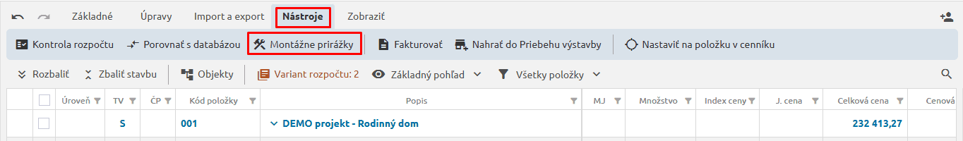 Funkcia Montážne prirážky na karte Nástroje