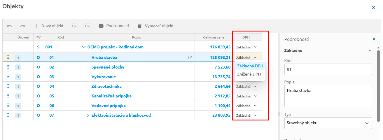 Nastavenie DPH pre objekty v okne Objektov