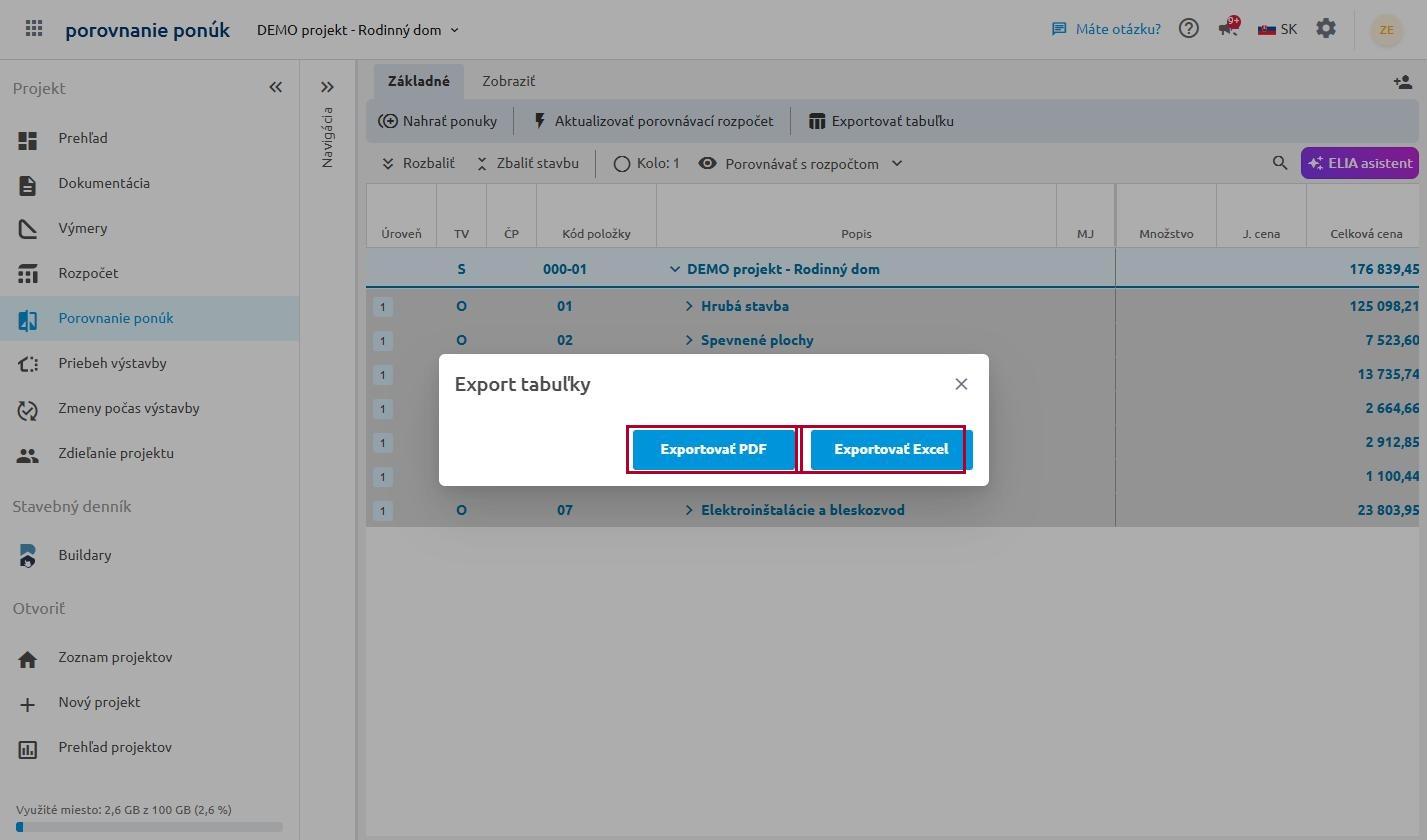 Okno Export tabuľky