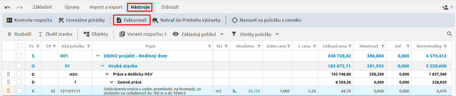 Funkcia Fakturovať na karte Nástroje