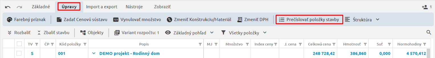 Funkcia Prečíslovať položky stavby na karte Úpravy