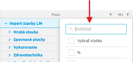 Vyhľadávacie pole v rámci filtra stĺpca