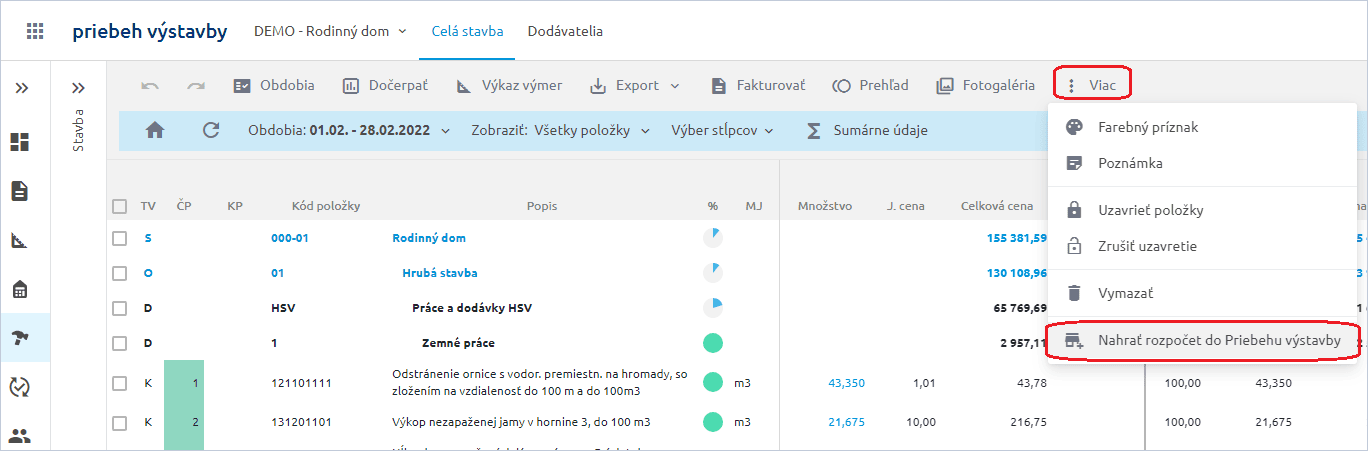 Aktualizácia už nahratého rozpočtu v Priebehu výstavby
