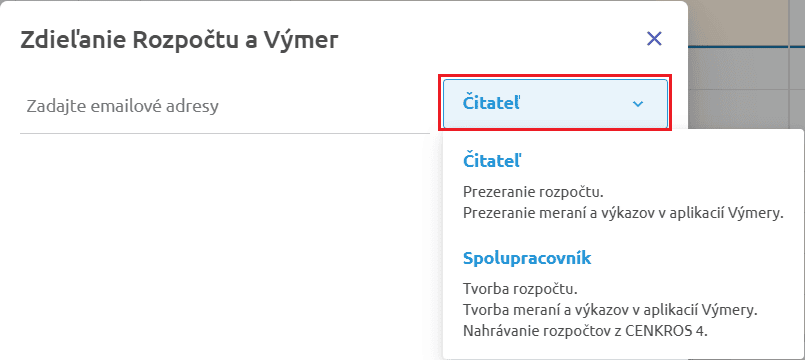 Panel Zdieľanie Rozpočtu a Výmer s výberom práva Čitateľ alebo Spolupracovník