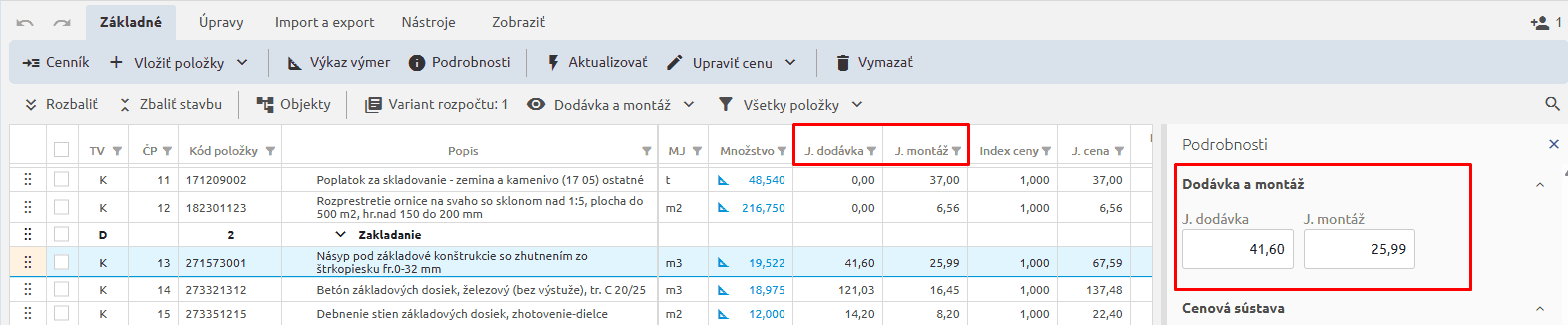 Stĺpce jednotkovej dodávky a montáže v tabuľke rozpočtu