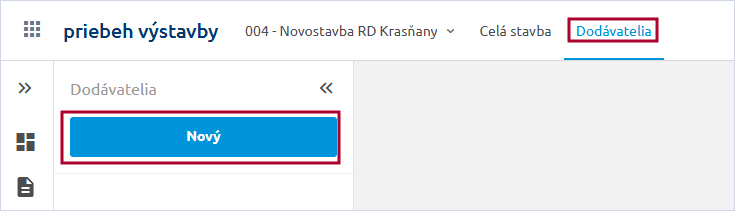 Panel Dodávatelia so zvýrazneným tlačidlom Nový