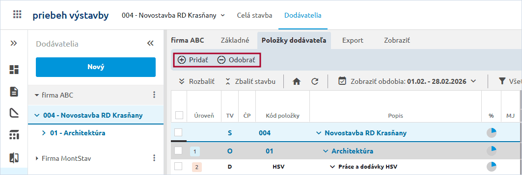 Záložka Položky dodávateľa s tlačidlami Pridať a Odobrať